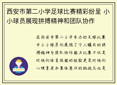 西安市第二小学足球比赛精彩纷呈 小小球员展现拼搏精神和团队协作