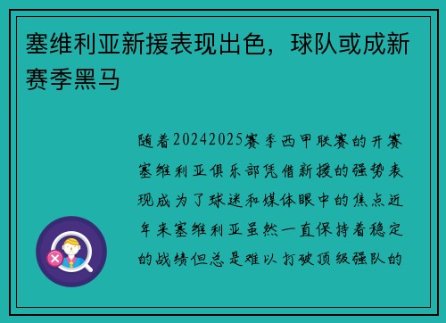 塞维利亚新援表现出色，球队或成新赛季黑马