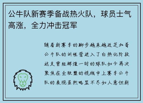 公牛队新赛季备战热火队，球员士气高涨，全力冲击冠军