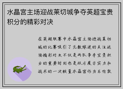 水晶宫主场迎战莱切城争夺英超宝贵积分的精彩对决