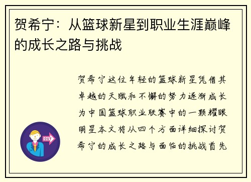 贺希宁：从篮球新星到职业生涯巅峰的成长之路与挑战