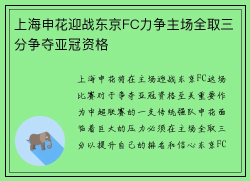 上海申花迎战东京FC力争主场全取三分争夺亚冠资格