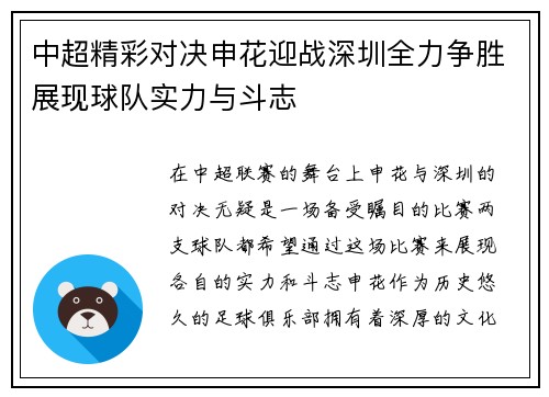 中超精彩对决申花迎战深圳全力争胜展现球队实力与斗志