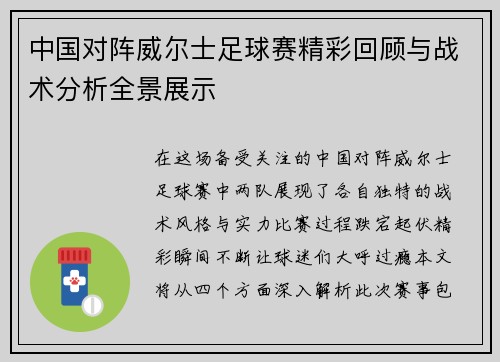 中国对阵威尔士足球赛精彩回顾与战术分析全景展示